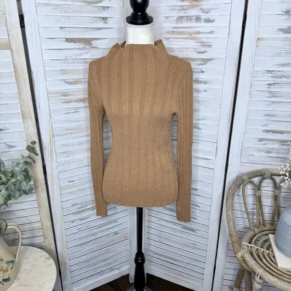 MADEWELL Women's Leaton M Lightweight Ribbed Mock Sweater Heather Caramel Brown - Picture 3 of 15